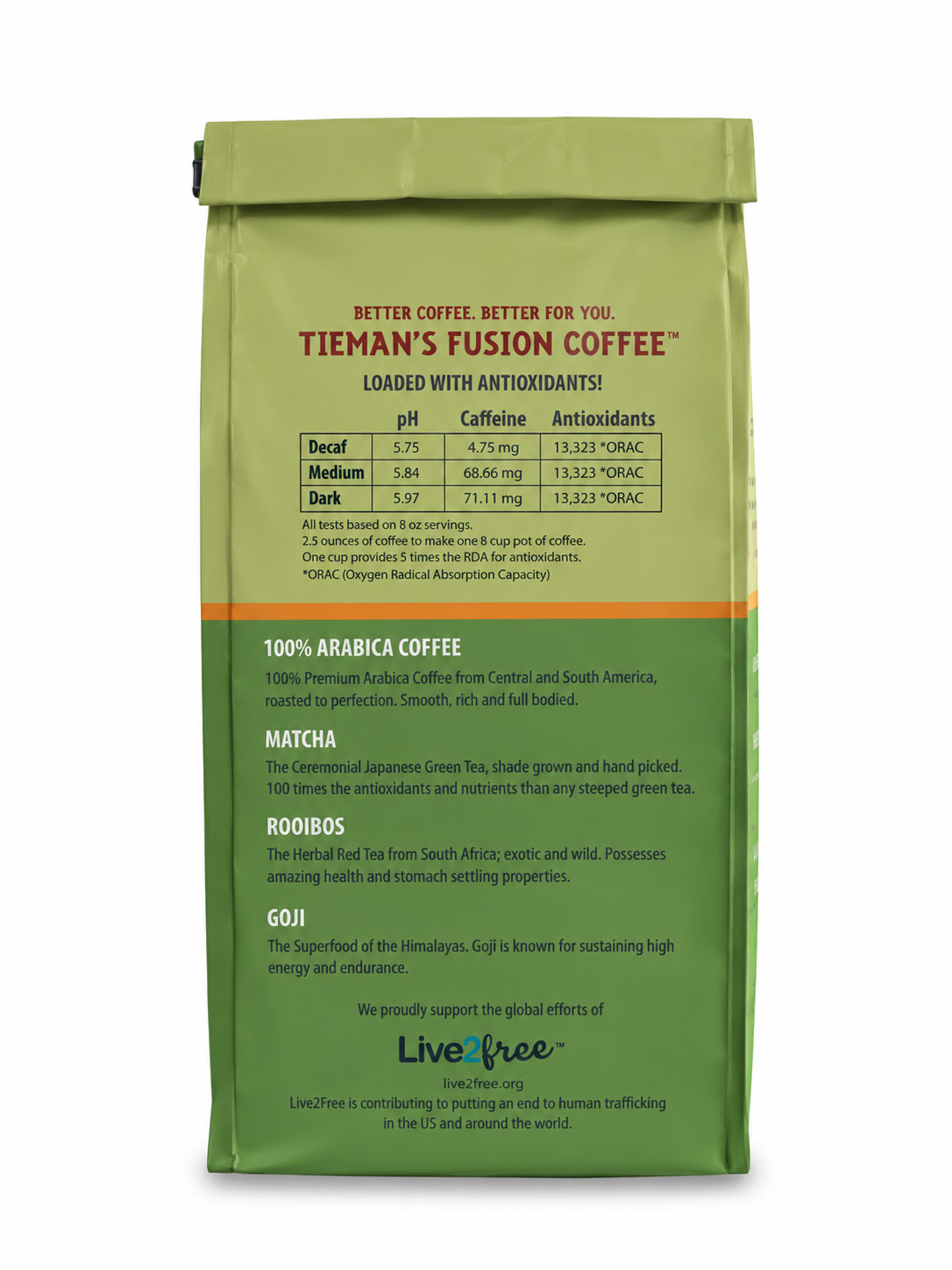 Tieman's Fusion Dark Roast bag on the beach