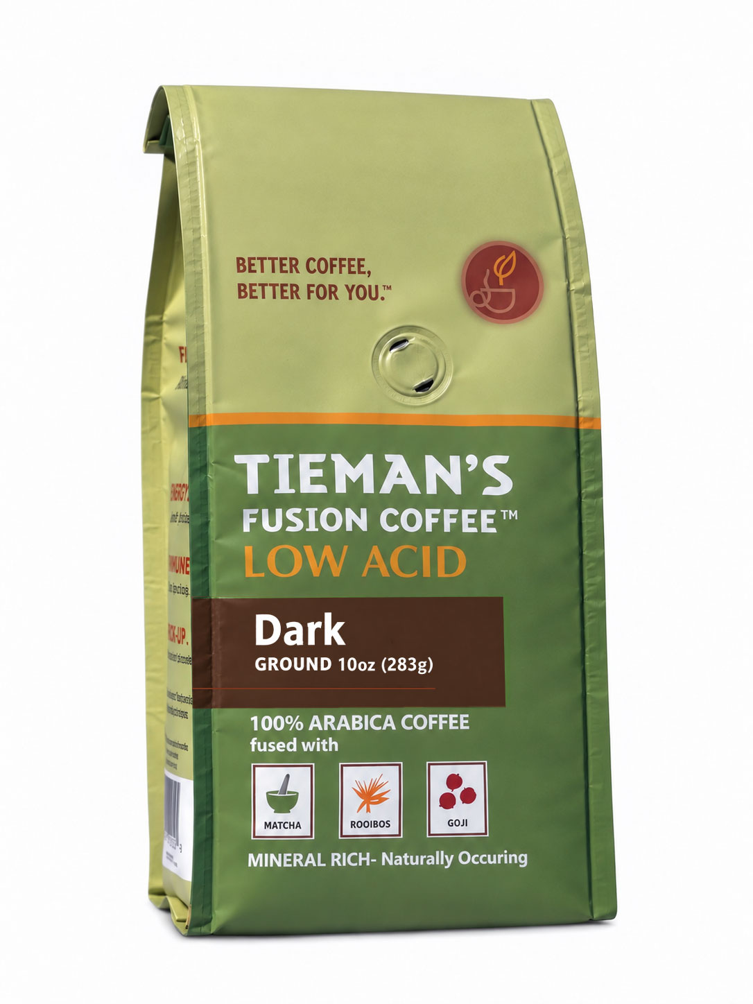 Tieman's Fusion Coffee Dark Roast bag on a mountain deck railing
