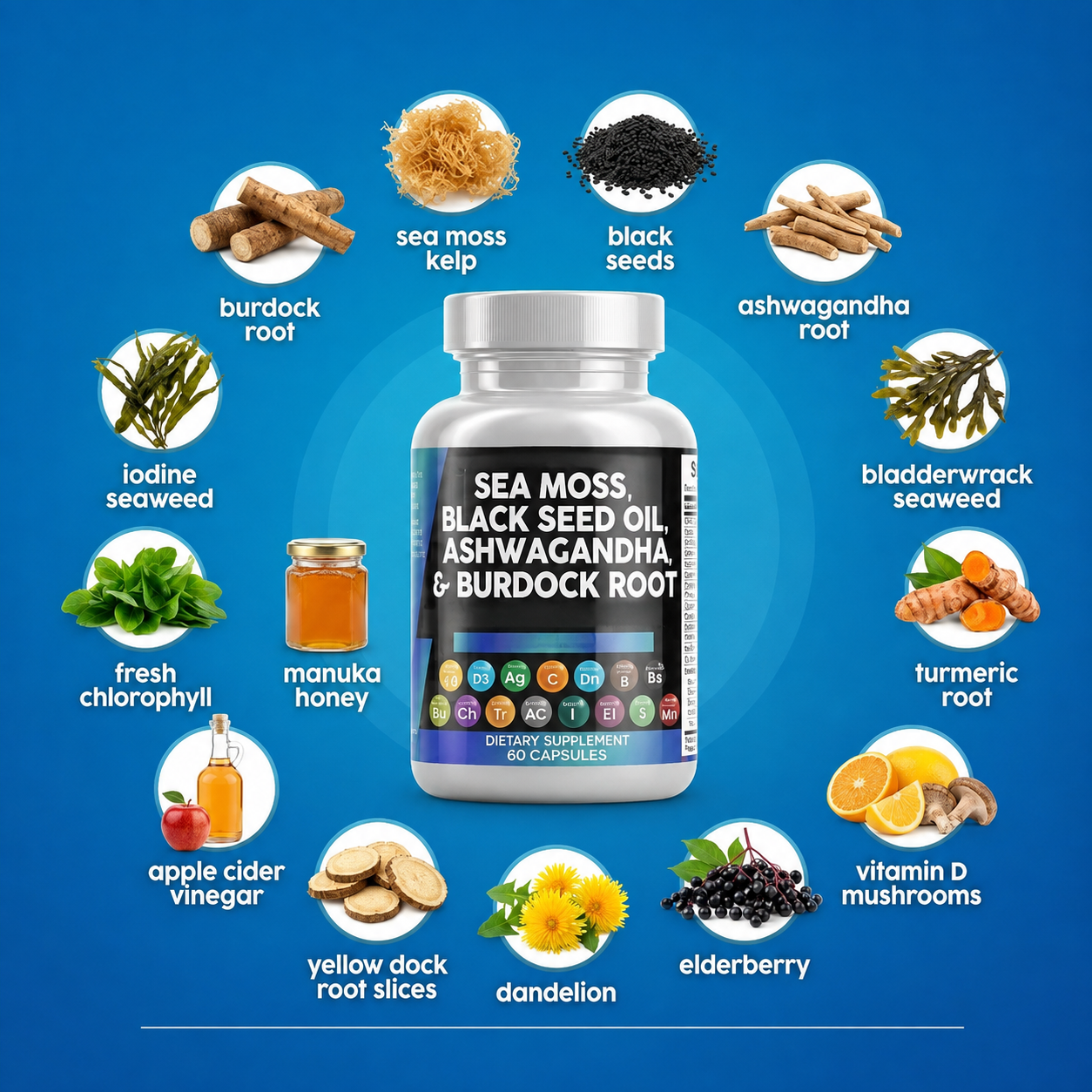 VitaSea Daily Complex - sea moss, black seed oil, ashwagandha and burdock root capsules
