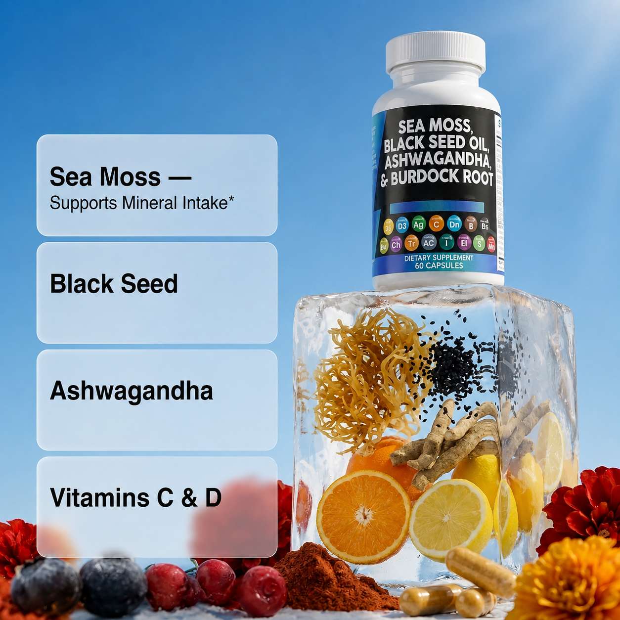 VitaSea full ingredient wheel: sea moss, black seed, ashwagandha, burdock, bladderwrack, turmeric, elderberry, chlorophyll, ACV, dandelion